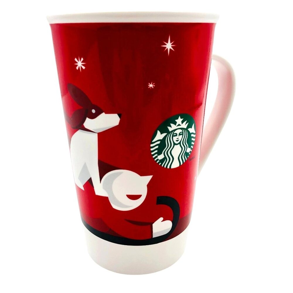 2011 Starbucks Red Holiday Mug Tall 16oz Boy Dog Sled Porcelain Cocoa Coffee Tea